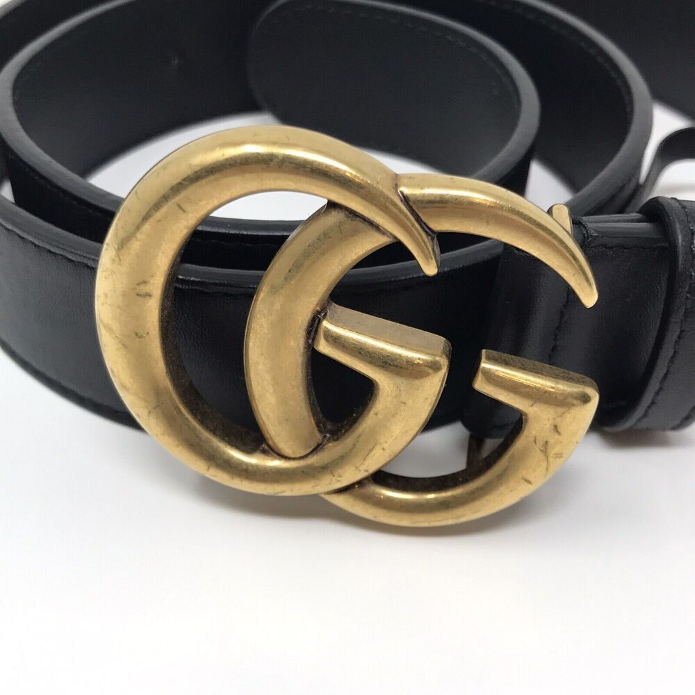 Gucci GG Marmont Thin Belt Black Leather Brass Double G Women Size 75/30 - Picture 2 of 14